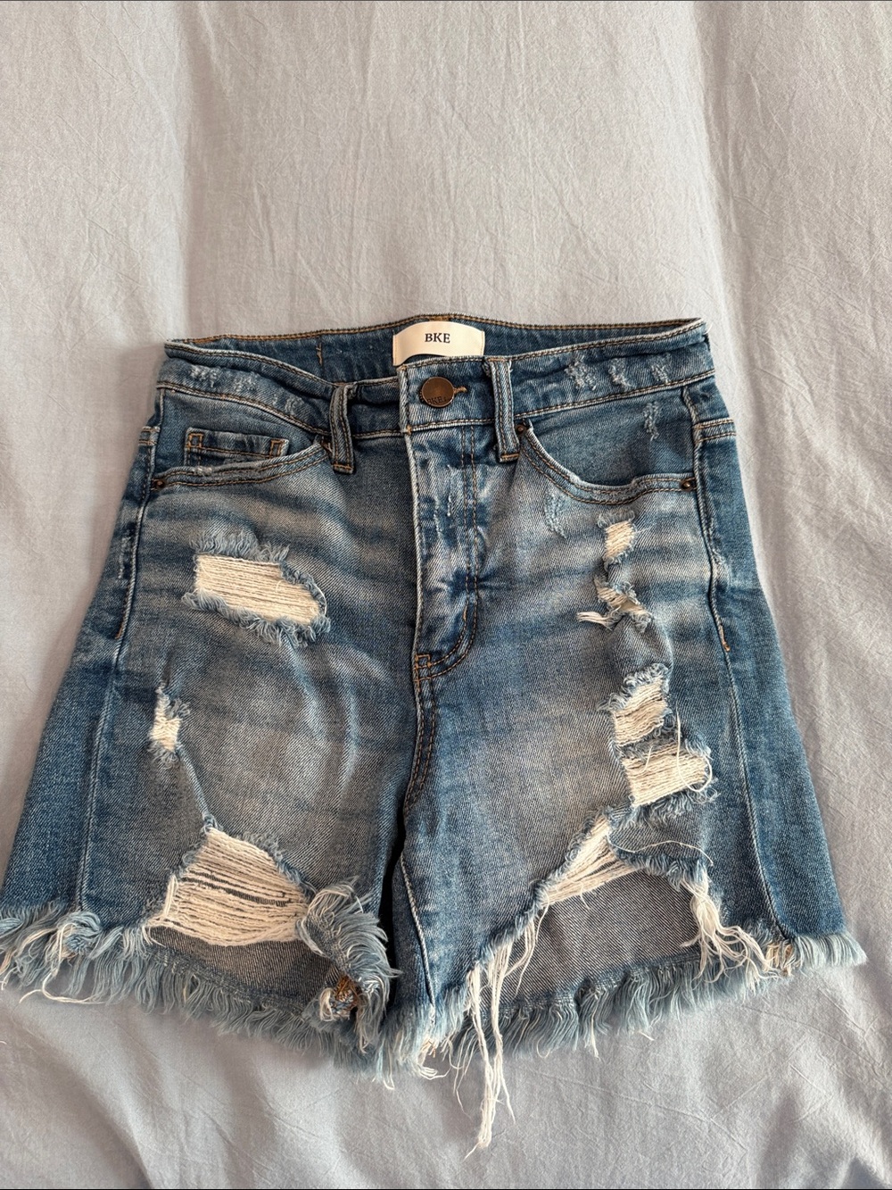 BKE Frayed Distressed High-Rise Denim Shorts - Light Blue